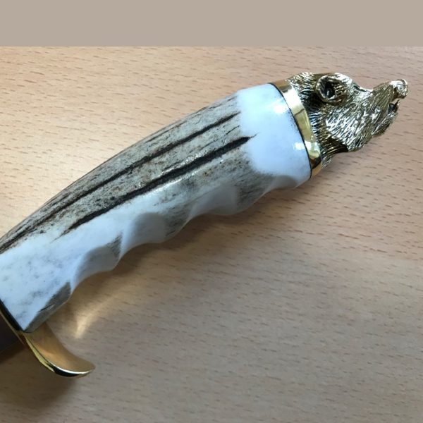 Muela Cortijero Bowie Knife with dress leather sheath embellished with Antler
