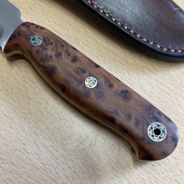 ERK Skinner Handmade Bushcraft Knife Scandi Grind Blade bespoke pins and Leather Friction Sheath - Image 4