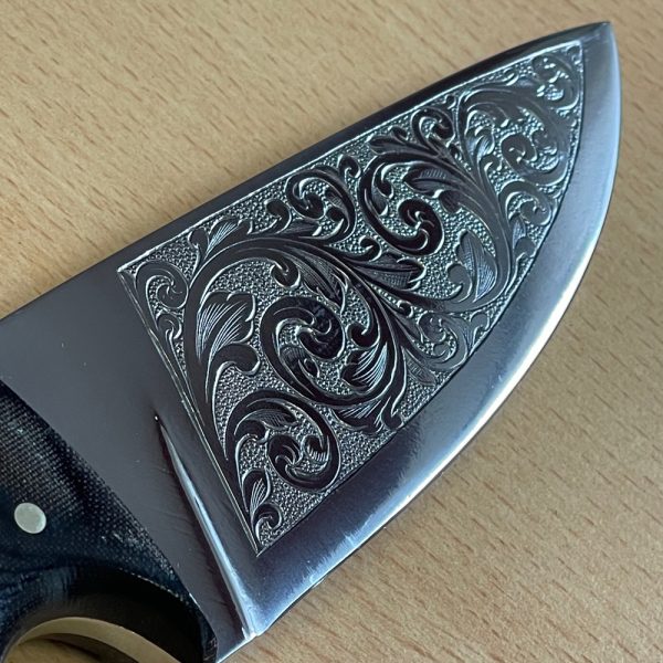 Tony Jones Fixed Blade with Micarta Handle and Decorative Blade Engraving - Image 5