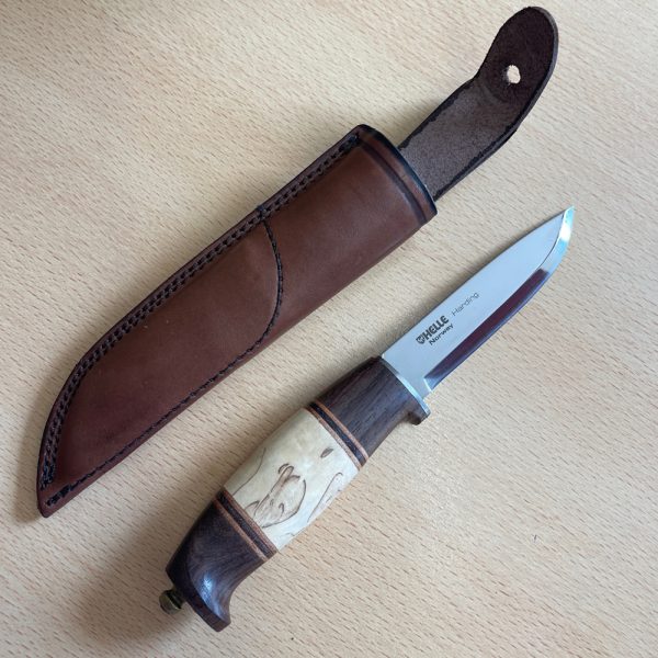 Helle Harding Hunting Knife with Curly Birch & Darkened Oak Wood Handle