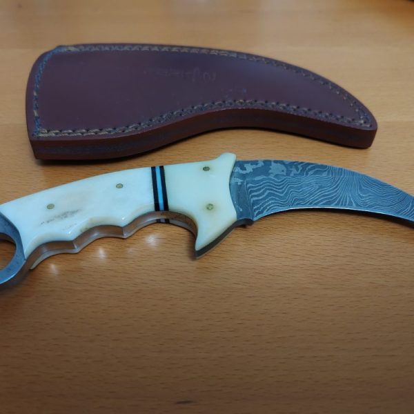 Perkin Knives Karambit Damascus Steel Hunting Knife With Bone Handle