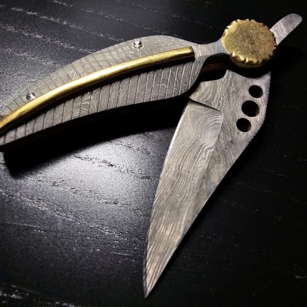 Kuboy Handmade 18.6cm Damascus Steel folding pocket knife leaf style design blade length: 6,7cm MINT CONDITION - Image 6